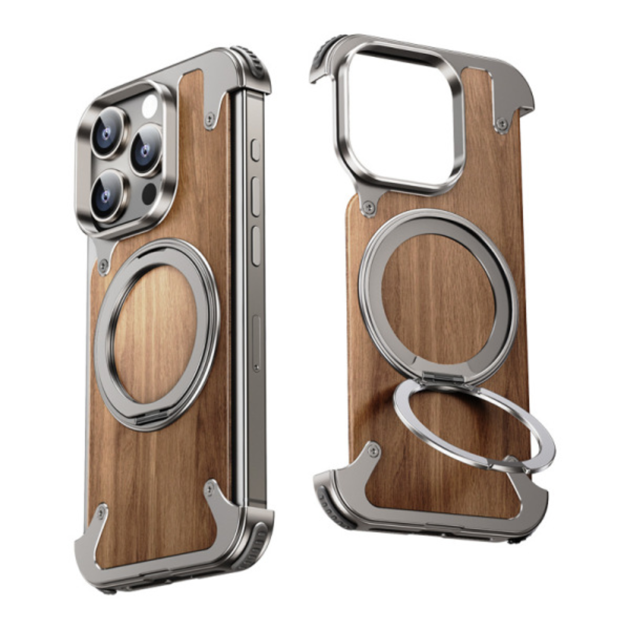 Telefoonhoesje van natuurlijk hout met draaibare standaard