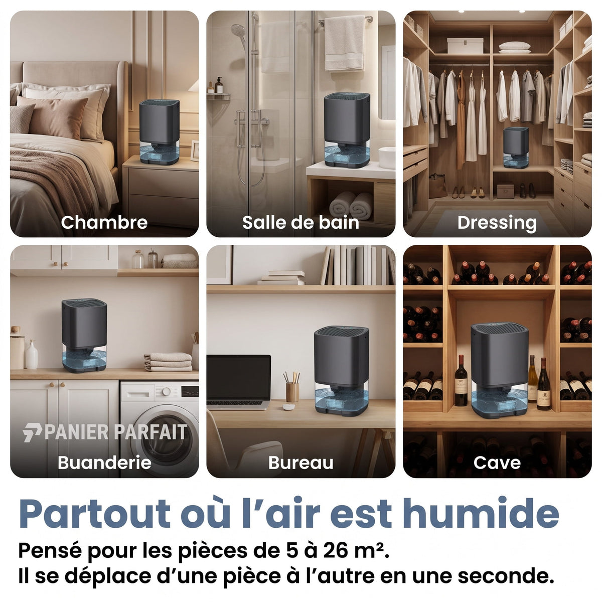 Déshumidificateur silencieux 2 en 1 pour air intérieur