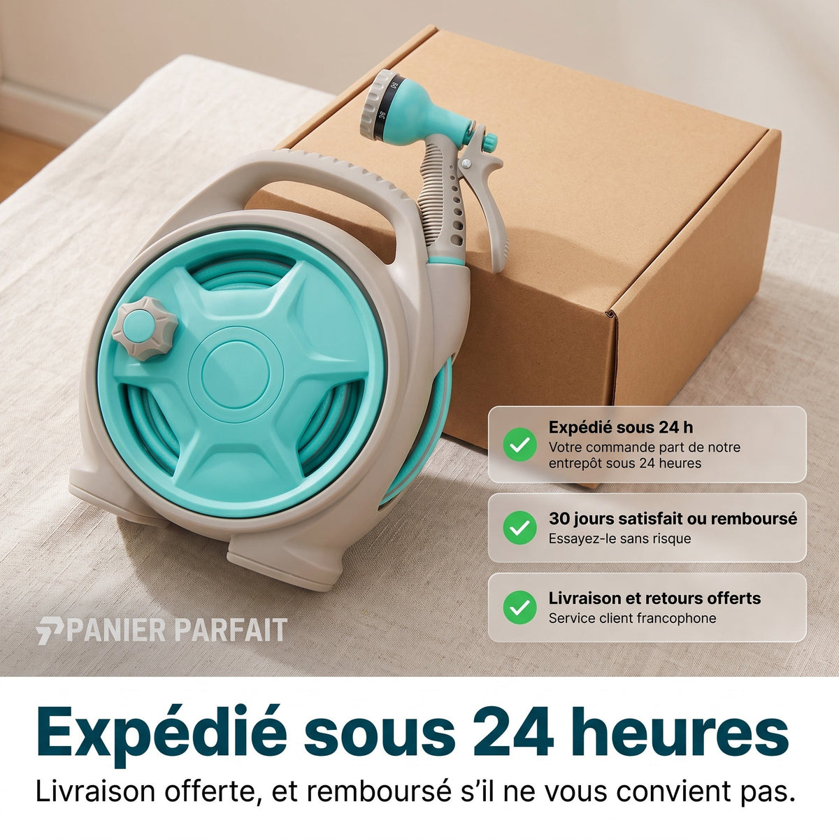 Tuyau d'arrosage rétractable avec enrouleur et pistolet multifonction