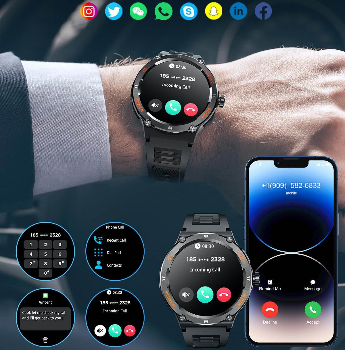 Montre connectée sportive écran HD avec torche LED et boussole