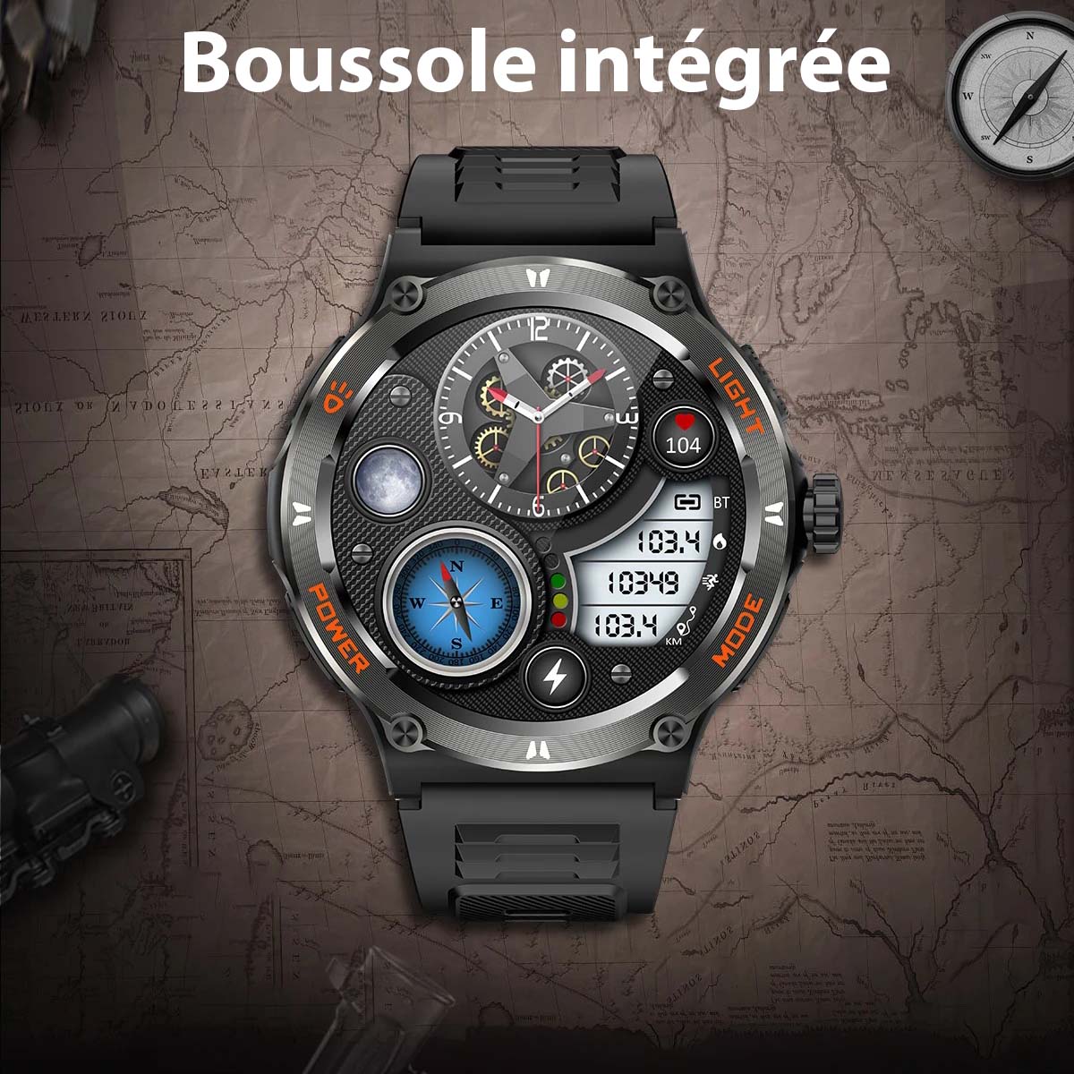 Montre connectée sportive écran HD avec torche LED et boussole
