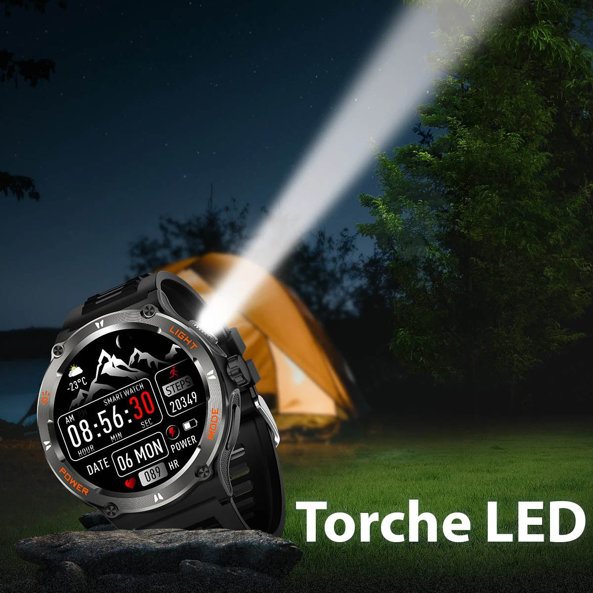 Montre connectée sportive écran HD avec torche LED et boussole