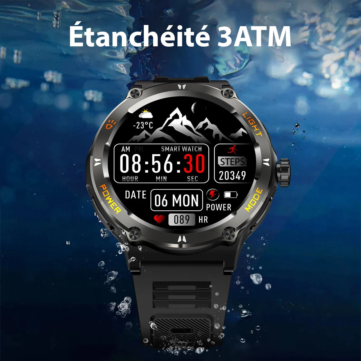 Montre connectée sportive écran HD avec torche LED et boussole