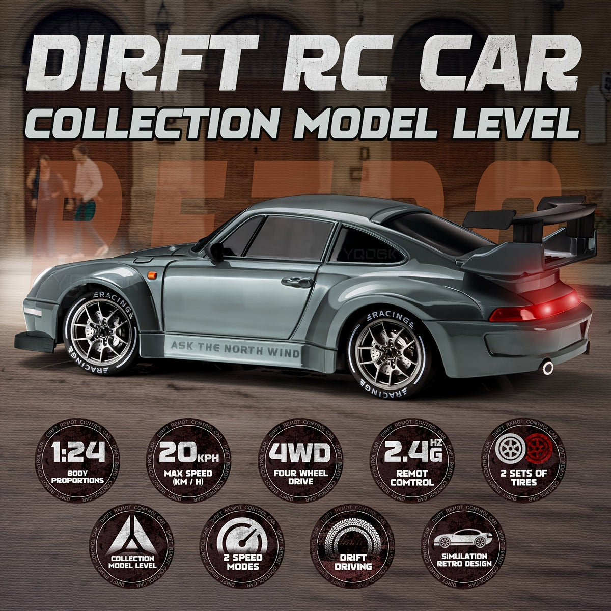 Voiture RC drift 4WD rechargeable 2,4 GHz à lumières LED